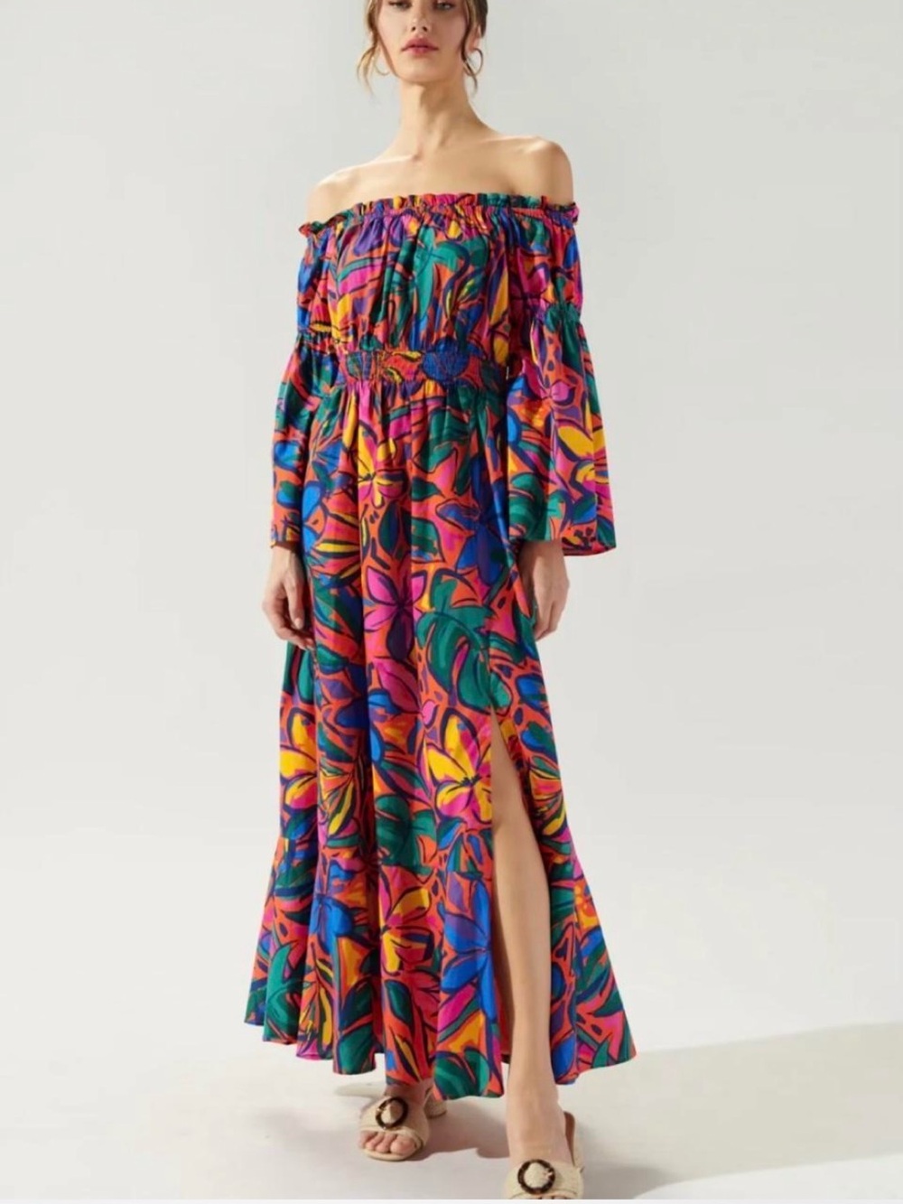 Sugarlips Rainbow Tropics Maxi Dress Off-Shoulder Floral bell sleeve XS